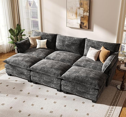 KKL 91.3" Large Modular Sectional Sofa Bed, 6 Seater Convertible J/L-Shaped Sleeper Cloud Couch with Ottoman, Chenille Sectional Couches for Living Room, Apartment, Grey