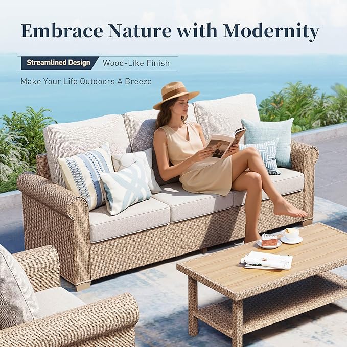 Patio Furniture Set 6 pcs, Wicker Rattan Sofa with 5.5” Thick Waterproof Cushions, 2 Chairs, 2 Ottomans and Coffee Table, All Weather Outdoor Conversation Set for Backyard Deck, 7 Seats Beige