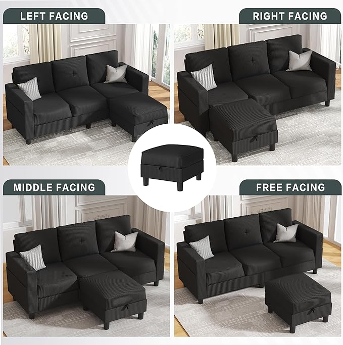 JY QAQA Convertible Sectional Sofa Couch with 3-Seat Sofa, L-Shaped Ottoman Couch with Modern Linen Fabric for Small Living Room, Apartment and Small Space(Black)