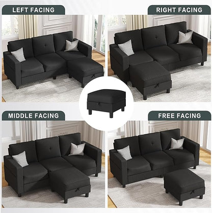 JY QAQA Convertible Sectional Sofa Couch with 3-Seat Sofa, L-Shaped Ottoman Couch with Modern Linen Fabric for Small Living Room, Apartment and Small Space(Black)