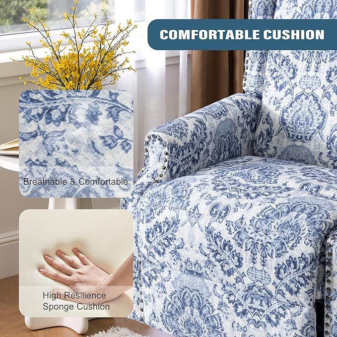 Pia Ricco Swivel Glider Recliner Chairs Set of 2, High Back Rocker Reclining Accent Chair with Smooth Manual Mechanism for Nursery, Comfortable & Quiet Upholstered Armchair Seating-Bule Pattern