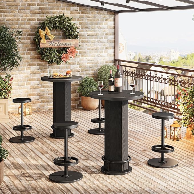 Tribesigns Round Bar Table with Chairs, Industrial Black Bistro Sets with 2 barstools, Small Pub Table with Metal Ring Footrest for Kitchen Nook, Apartment, Small Space