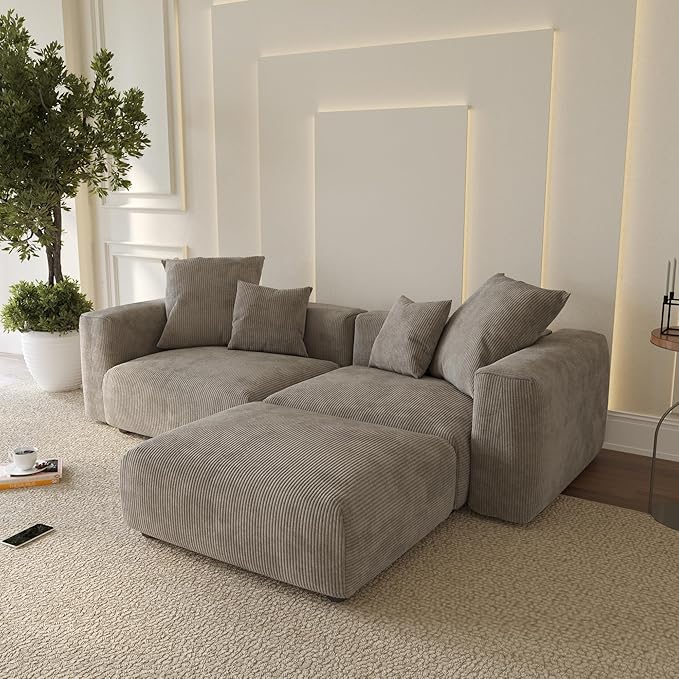 WJShome Cloud Couch Modular Sectional Sofa,102inch L Shaped Sofa with Ottoman,Brown 3 Seater Corduroy Couch,Convertible Sectional Sofa for Living Room,Cushion Covers Removable& Washable