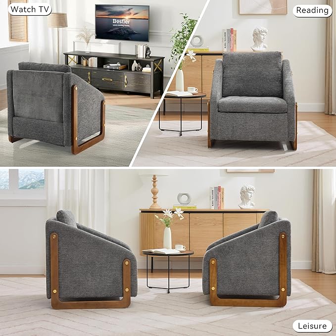 Modern Upholstered Armchair with Wooden Frame, 29" W x 29" D x 29" H, Light Gray Chenille Fabric, Living Room Accent Chair (Grey)