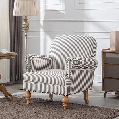 Midcentury Modern Accent Chair Comfy Linen Fabric Armchair Wide Reading Chairs Upholstered Lounge Couch Chair for Bedroom/Living Room, Black Stripe