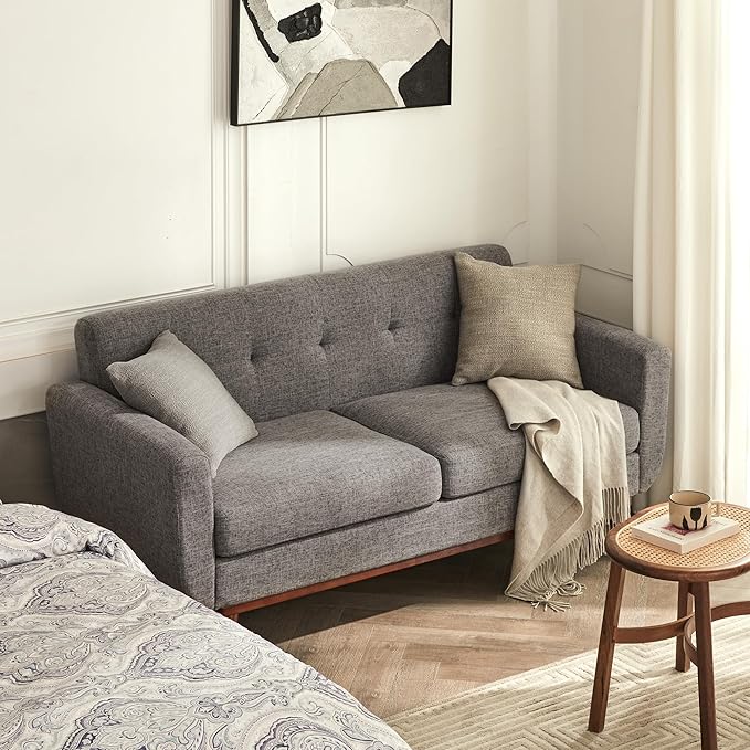 Tbfit Loveseat Sofa, 65" W Mid Century Modern Love Seat Small Loveseat for Bedroom, Button Tufted Upholstered Small Couch Sofa for Living Room, Grey
