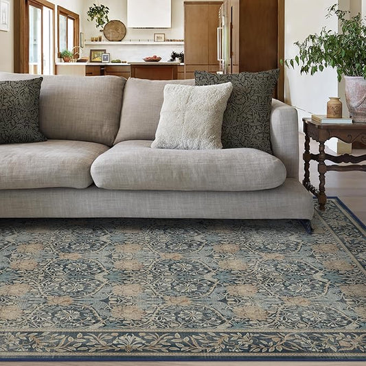 RUGGABLE x Morris & Co Washable Area Rug– Honeysuckle & Tulip Blue 5x7, Stain-Resistant, Non-Slip – Medium Machine Washable Rugs for Living Room, Bedroom, Hallway, Entryway & Office–with Standard Pad