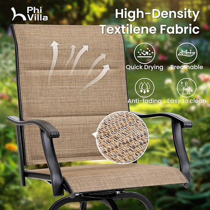 PHI VILLA 3 Piece Outdoor Swivel Bar Stools Set, Bar Height Patio Set with 2 Padded Textilene Fabric Chairs, All-Weather High Top Patio Bistro Table and Chairs Furniture, Brown