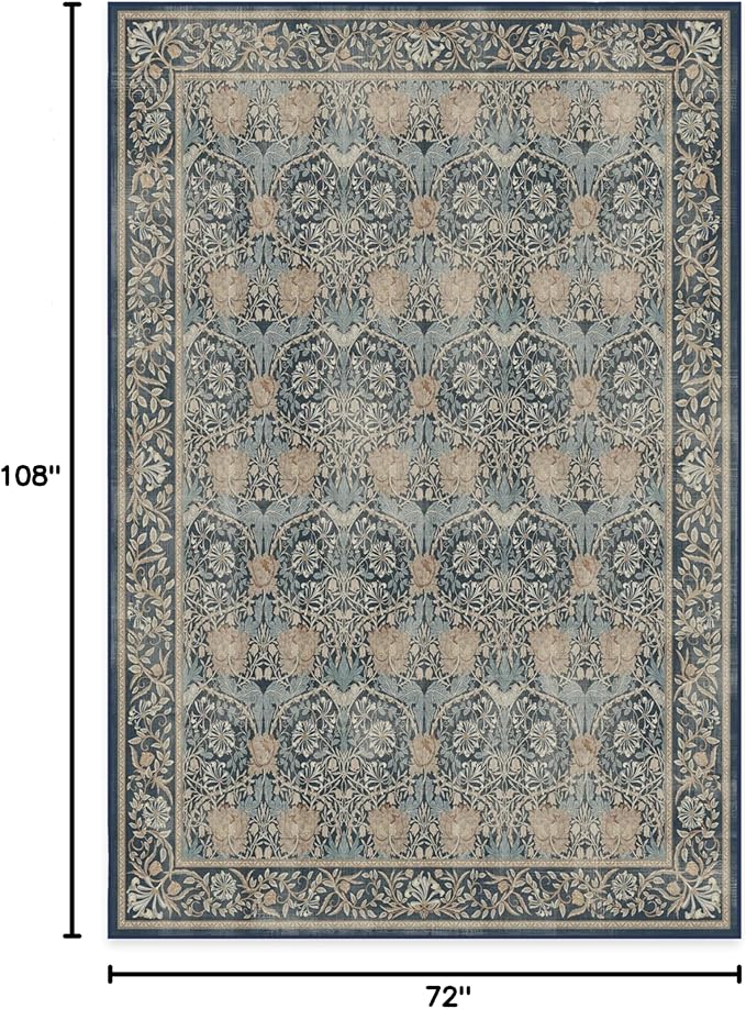RUGGABLE x Morris & Co Washable Area Rug– Honeysuckle & Tulip Blue 6x9, Stain-Resistant, Non-Slip – Medium Machine Washable Rugs for Living Room, Bedroom, Hallway, Entryway & Office–with Standard Pad