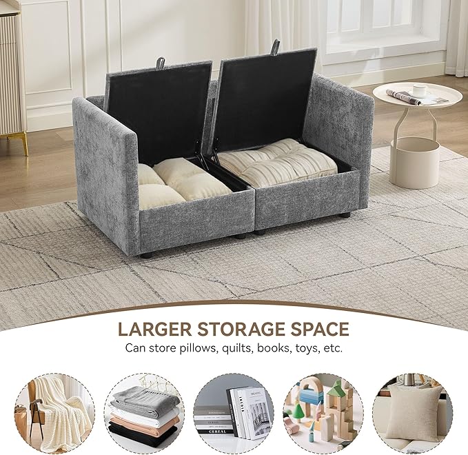 55" Cloud Modular Loveseat Sofa with Storage, Modern Upholstered Sofa Couch Small Love Seat，2 Seater Chenille Comfy Sectional Sofa with Armrests for Living Room, Small Space, Light Grey