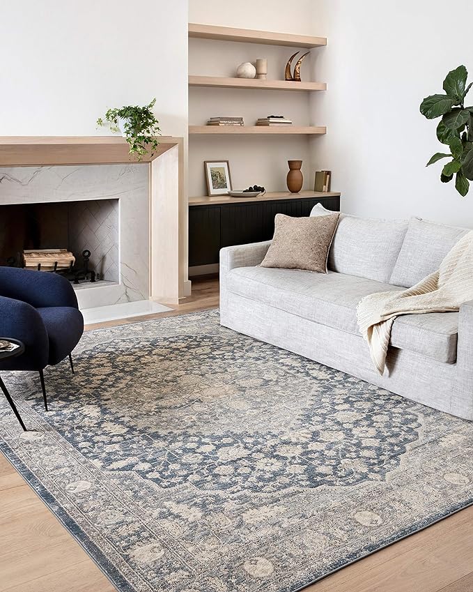 Loloi Teagan Collection TEA-01 Denim/Mist 6'-7" x 9'-2" Area Rug, Large, Soft Neutral Rug, High-Traffic for Living Room, Bedroom, Home Office, Dining Area