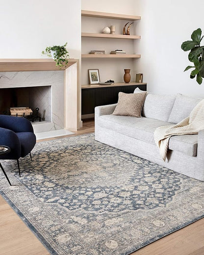 Loloi Teagan Collection TEA-01 Denim/Mist 6'-7" x 9'-2" Area Rug, Large, Soft Neutral Rug, High-Traffic for Living Room, Bedroom, Home Office, Dining Area