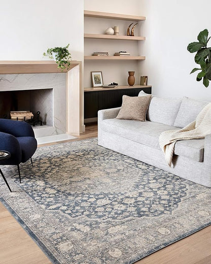 Loloi Teagan Collection TEA-01 Denim/Mist 7'-11" x 10'-6" Area Rug, Large, Soft Neutral Rug, High-Traffic for Living Room, Bedroom, Home Office, Dining Area