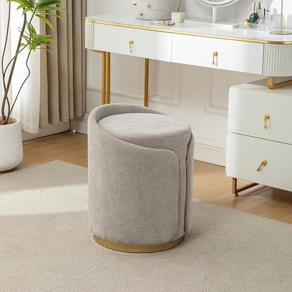 Swivel Vanity Stool with Gold Base Comfy Vanity Chair Modern Round Stool for Makeup Vanity Ottoman Foot Rest for Bedroom livingroom (Light Gray)