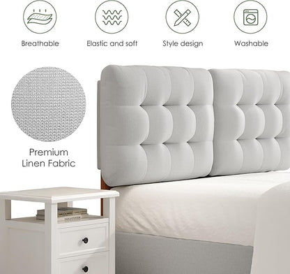 Tufted Upholstered Full Headboard, Adjustable Height Full Size Headboard Only from 39”to 44” with Durable Solid Wood Legs, Modern Button Diamond Fabric Head Board with Width Adapters, Beige