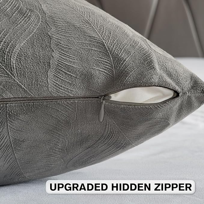 FUTEI Dark Grey Velvet Throw Pillow Covers 24x24 Inch Set of 2,Soft Embossed Leaf-Relief Textured European Cushion Cases,Natural Home Decor for Couch Living Room