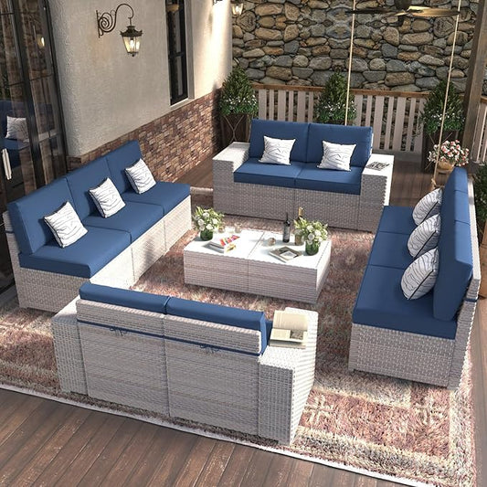 12-Piece Patio Furniture Set, Outdoor Extra Wide Armrest Modular Patio Sofa, Dual-Strand Rattan Wicker, Rust-Resistant Frame, Backyard High Back, Large Seat Furniture for Porch Garden Balcony, Blue