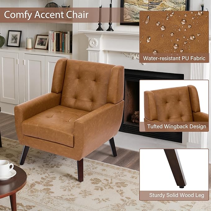 Faux Leather Accent Chair, Mid-Century Modern Upholstered Armchair, Comfy Living Room Chairs Reading Chairs with Button Tufted Back & Solid Wood Legs for Bedroom, Office, Brown