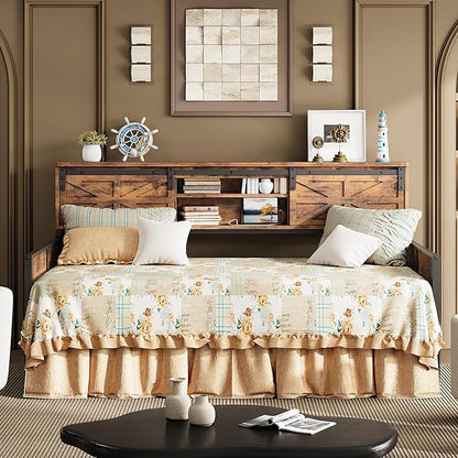 LIKIMIO Daybed with Trundle Bed, Sofa Bed Twin with Charging Station, with Storage Headboard & Strong Support, for Living Room, Bedroom and Guest Room, Industrial Brown