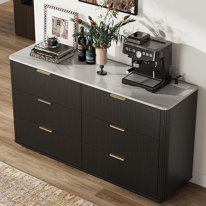 Fluted 6 Drawers Dresser with Charging Station, 55" Wide Modern Chest of Drawers with Faux Marble Top, Wooden Dresser TV Stand, Wood Drawer Organizer for Bedroom, Living Room, Hallway, Black