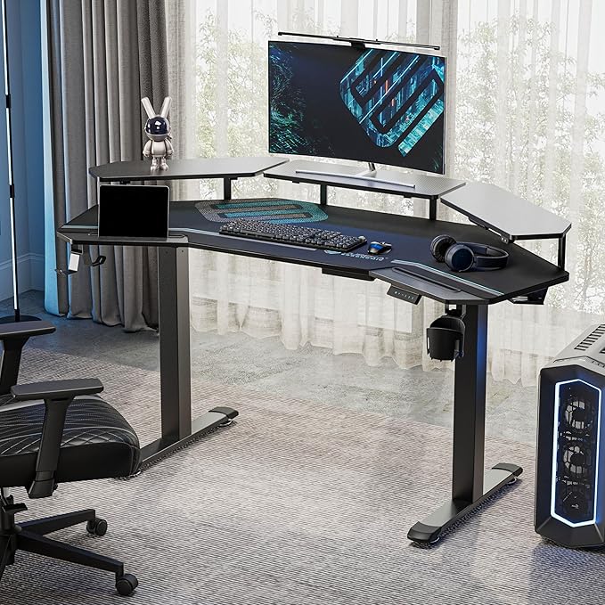 EUREKA ERGONOMIC Gaming Desk Adjustable Height Standing Desk 63" Wing Shaped Music Studio Table Workstation w Full Coverage Mousepad, 3 Stands, Dual Headphone/Cup Holder, Ipad-Slot
