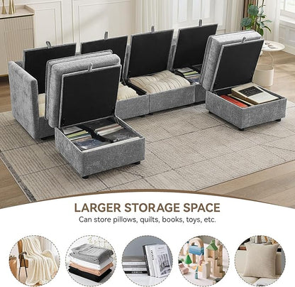 105" Cloud Modular 4 Seater Sofa with 2 Storage Ottoman, Modern Upholstered Sofa Storage Sofa Couch Deep Seat, U Shape Sectional Sofa Chenille Comfy Couch with Armrests for Living Room, Light Grey