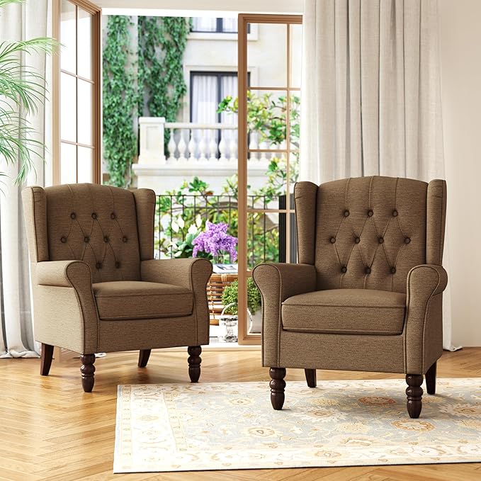 Accent Chair, Upholstered Armchair with Button Tufted High Back & Solid Wood Legs, Comfy Wingback Reading Single Sofa Chair for Small Spaces, Living Room, Bedroom (Brown, Set of 1)