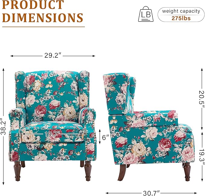 Wingback Accent Chairs Set of 2, High Back Upholstered Armchair, Floral Fabric Wingback Arms Chairs with Retro Solid Wood Legs, Single Sofa Reading Chair for Bedroom Living Room, Peacock Blue