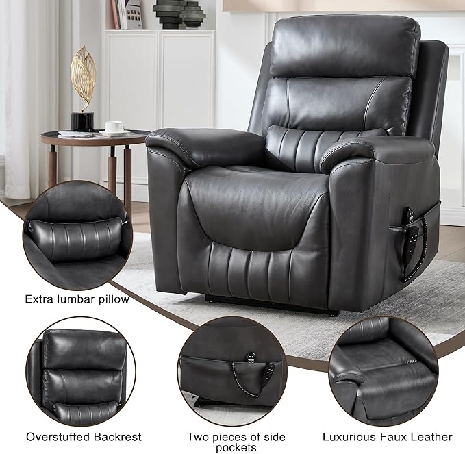 Power Lift Recliner Chair for Elderly People, Dual Motor Lay Flat Recliner with Vibration Massage and Heat, Heavy Duty Motion Mechanism Standing Assistance Reclining Chair, Faux Leather Dark Gray