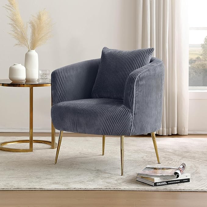 Art Leon Velvet Accent Chair, Upholstered Modern Single Sofa Chair, Comfy Barrel Chair with Golden Metal Legs for Living Room Bedroom, Gray