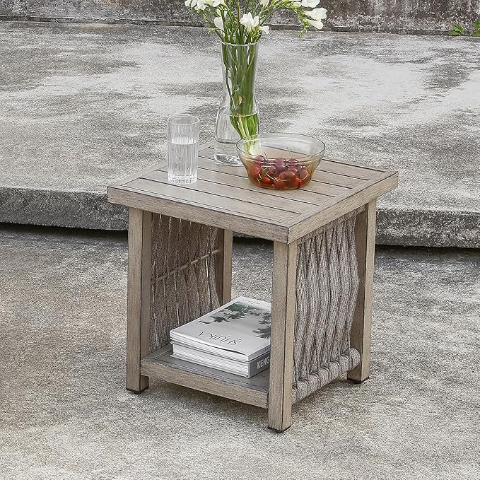 Outdoor Side Table, Aluminum Square Patio Side Table, 2-Tier Rope Weave Outdoor End Table with Adjustable Legs, Outside Furniture Patio Table for Garden, Pool, Balcony, Decks, Gray Oak