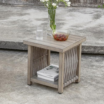 Outdoor Side Table, Aluminum Square Patio Side Table, 2-Tier Rope Weave Outdoor End Table with Adjustable Legs, Outside Furniture Patio Table for Garden, Pool, Balcony, Decks, Gray Oak