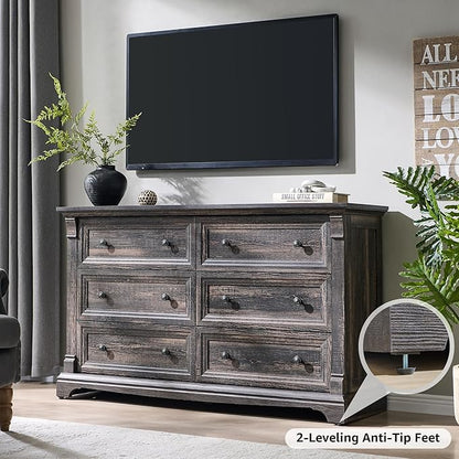 Farmhouse 6 Drawers Dresser for Bedroom, 54" Wide Large Dressers & Chests of Drawers w/Roman Column, Wooden Dresser TV Stand with Large Drawers for Nursery Bedroom Living Room Hallway,Dark Rustic Oak