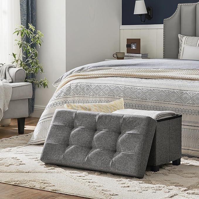 SONGMICS Storage Ottoman Bench, Foldable Foot Rest with Legs, 15 x 30 x 15.2 Inches, End of Bed Bench, Storage Chest, Load up to 660 lb, for Living Room, Bedroom, Entryway, Slate Gray ULSF16GYZ