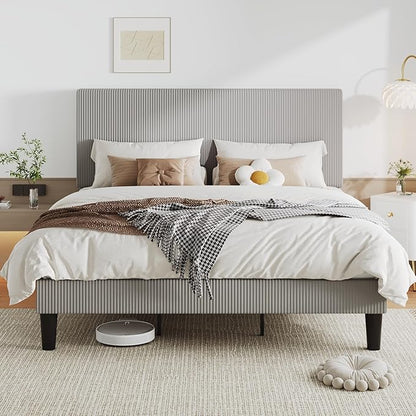 Allewie King Size Upholstered Bed Frame with Vertical Channel Tufted Headboard, Soft Corduroy Fabric Platform Bed, Strong Wooden Slats Support, Easy Assembly, No Box Spring Needed, Light Grey