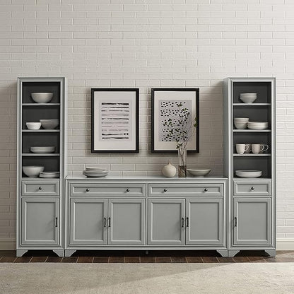 Crosley Furniture Tara 3-Piece Modern Farmhouse Sideboard Buffet Cabinet and Bookcase Set with Storage, Distressed Gray