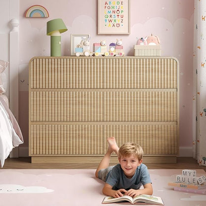 Dresser for Bedroom with 6 Drawers, Fluted Chest of Drawers with Round Curved Corner, Hidden Handles, Modern Wood Storage Organizer for Bedroom, Nursery, Living Room
