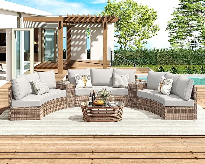Patio Furniture Sets, 3 Piece Half-Moon Sectional Round Sofa Set, Outdoor Patio Furniture with Cushions for Beach, Pool, Balcony, Beige