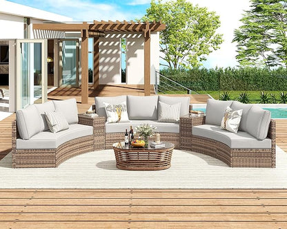 Patio Furniture Sets, 3 Piece Half-Moon Sectional Round Sofa Set, Outdoor Patio Furniture with Cushions for Beach, Pool, Balcony, Beige