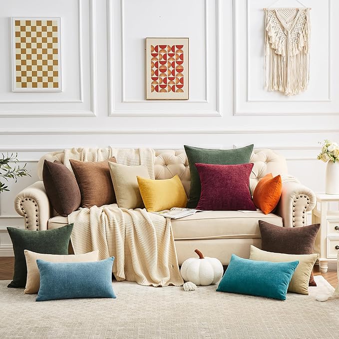GAWAMAY Decorative Square Throw Pillow Covers 20"x20" Inch Set of 2, Super Soft Chenille Pillows Farmhouse Pillowcase for Living Room Bedroom Sofa Couch Cushion Cover Dark Green 50x50cm (No Insert)