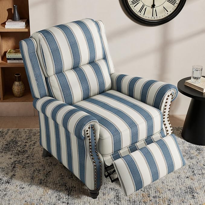 Lumibee Pushback Recliner Chair,Upholstered Wingback Chair for Small Spaces,Floral Fabric for Living Room,Single Sofa Accent Chair Reading Seat for Balcony,Bedroom-Striple Navy