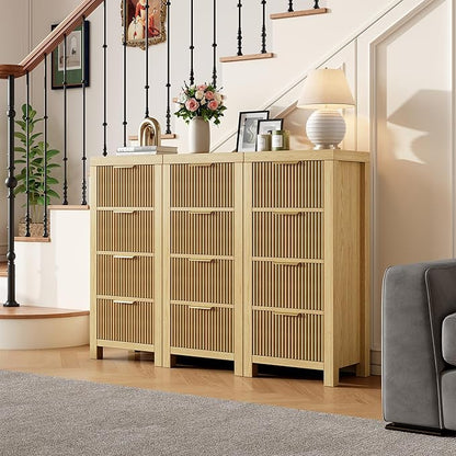 Modern 12-Drawer Solid Wood Dresser with Fluted Front & Gold Handles, Multifunctional Tall Storage Chest, for Hallway, Entryway, Natural X3
