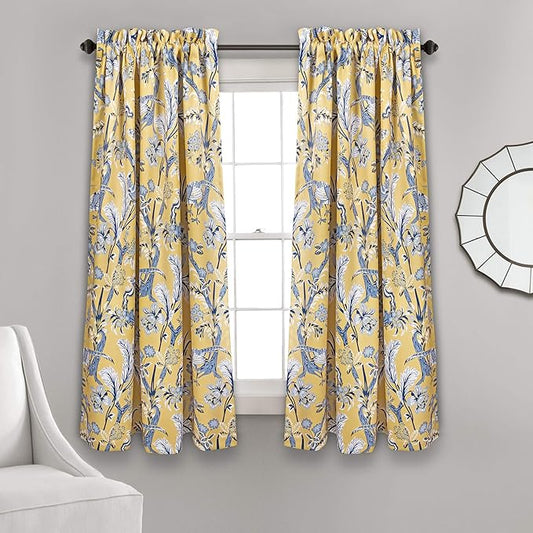 Lush Decor Dolores Light Filtering Window Panels, Pair, 52" W x 63" L, Yellow - Floral Curtains for Bedroom - Vintage Curtains - Coquette Room Decor