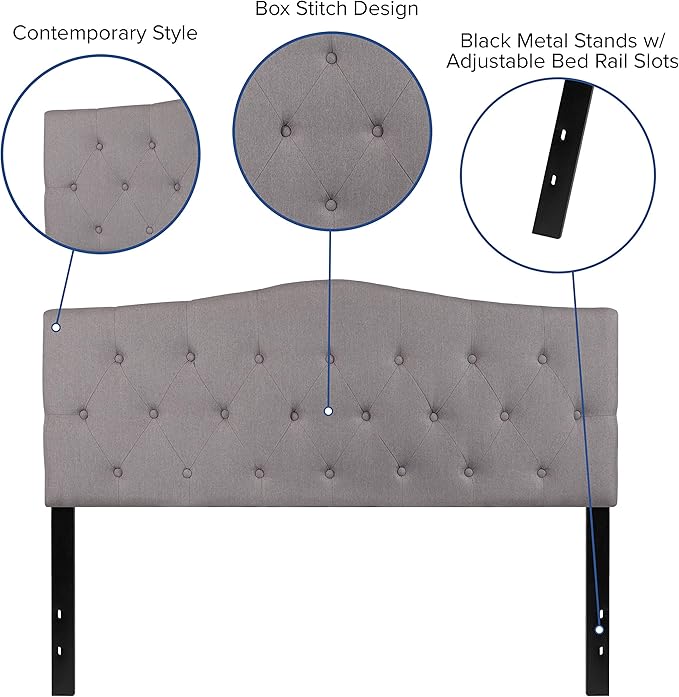 BizChair Arched Button Tufted Queen Size Headboard in Light Gray Fabric