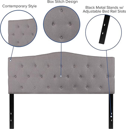 BizChair Arched Button Tufted Queen Size Headboard in Light Gray Fabric
