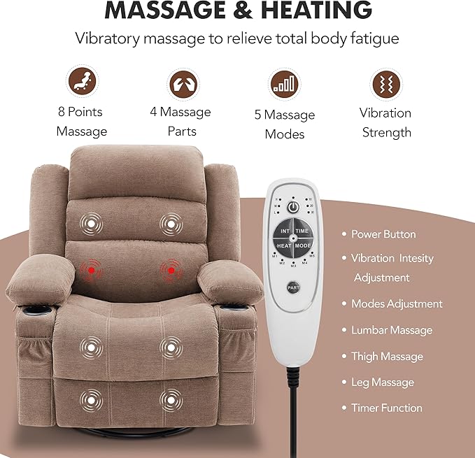 Oversized Recliner Chairs for Adults, 360° Swivel Rocking Recliner with Heat and Massage Lazy Boy Recliner,Recliner Chairs Single Sofa Seat with Cup Holders (Browm, Regular)