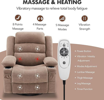 Oversized Recliner Chairs for Adults, 360° Swivel Rocking Recliner with Heat and Massage Lazy Boy Recliner,Recliner Chairs Single Sofa Seat with Cup Holders (Browm, Regular)