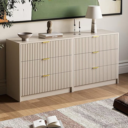 3-Piece Dresser Bedroom Set, 8 Drawer Dresser & 3 Drawer Nightstands with Gold Handles, Fluted Wood Chest of Drawers for Bedroom, Living Room, Entryway, Beige