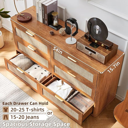 LEYAOYAO Rattan 6 Drawer Dresser for Bedroom, 54" Wide Boho Chest of Drawers, Wooden Dressers TV Stand with Metal Handle, Storage Closet Organizer for Living Room, Hallway, Tea Brown