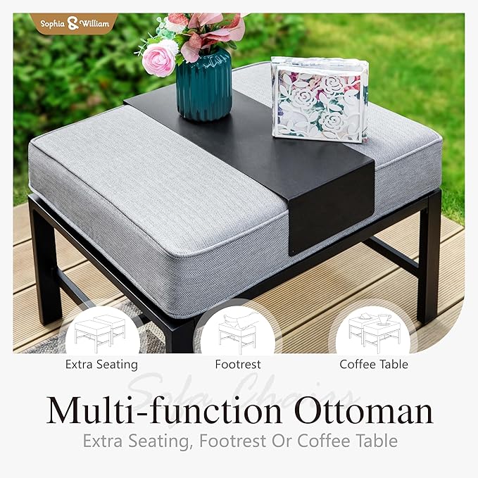 Sophia & William Patio Furniture Sets 5 Seats Outdoor Metal Conversation Sets 5 Pcs with 2 x Cushioned Swivel Sofa Chairs,1 x 3-Seat Sofa,2 x Ottomans for Coffee Lawn Backyard Poolside Grey